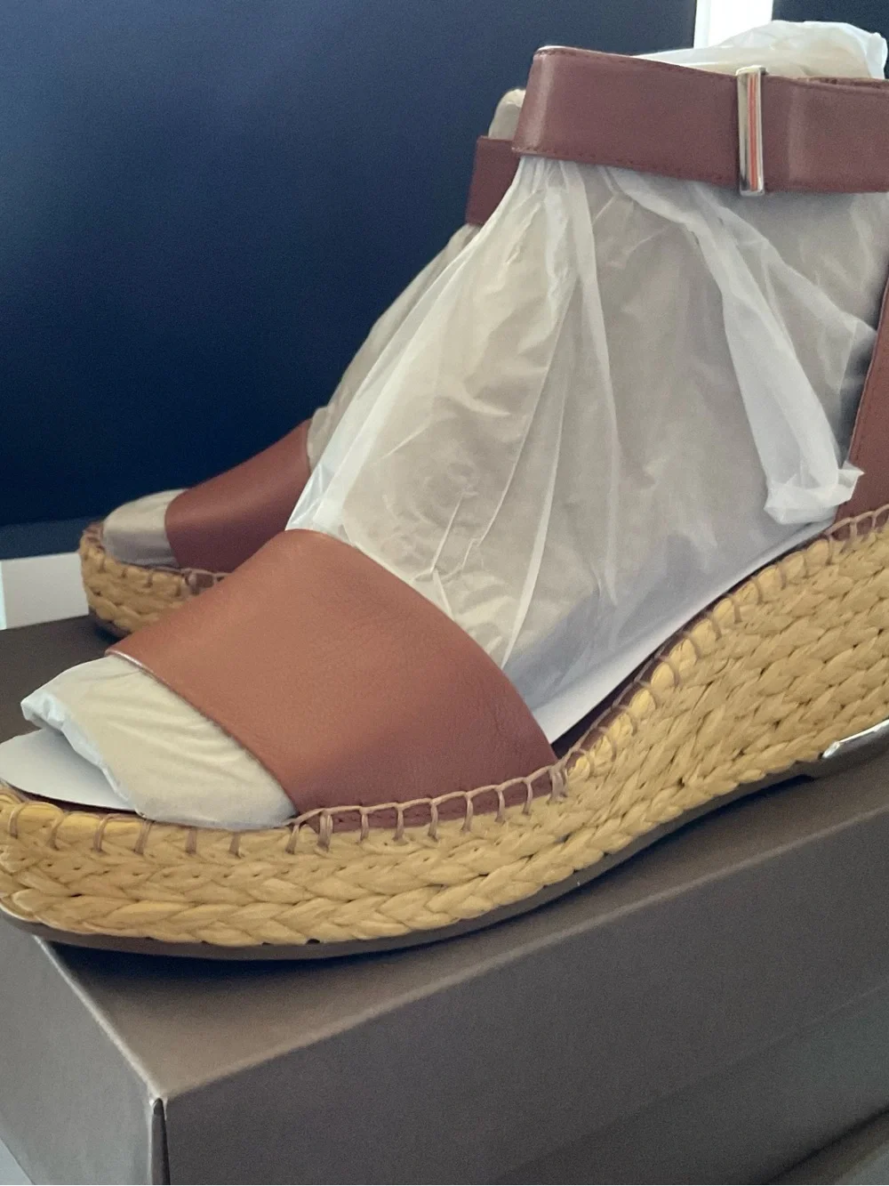 Franco Sarto Black Leather Espadrille Wedge Sandals with Ankle Strap